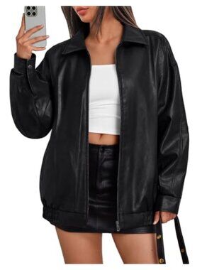 Oversized Vegan Leather Moto Bomber Jacket Womens Fall Winter Coat